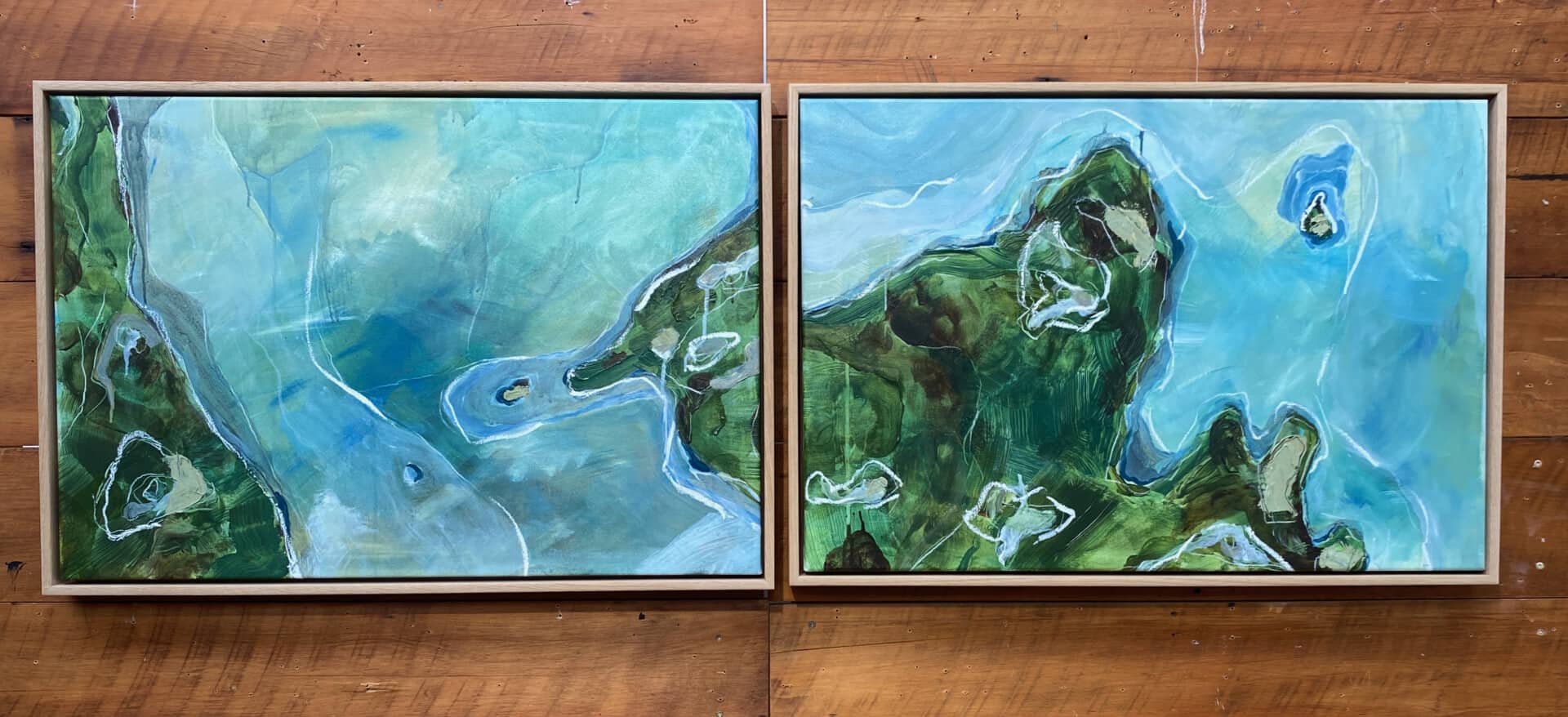 abstract seascape and headlands of the Hauraki Gulf painted in acrylic.